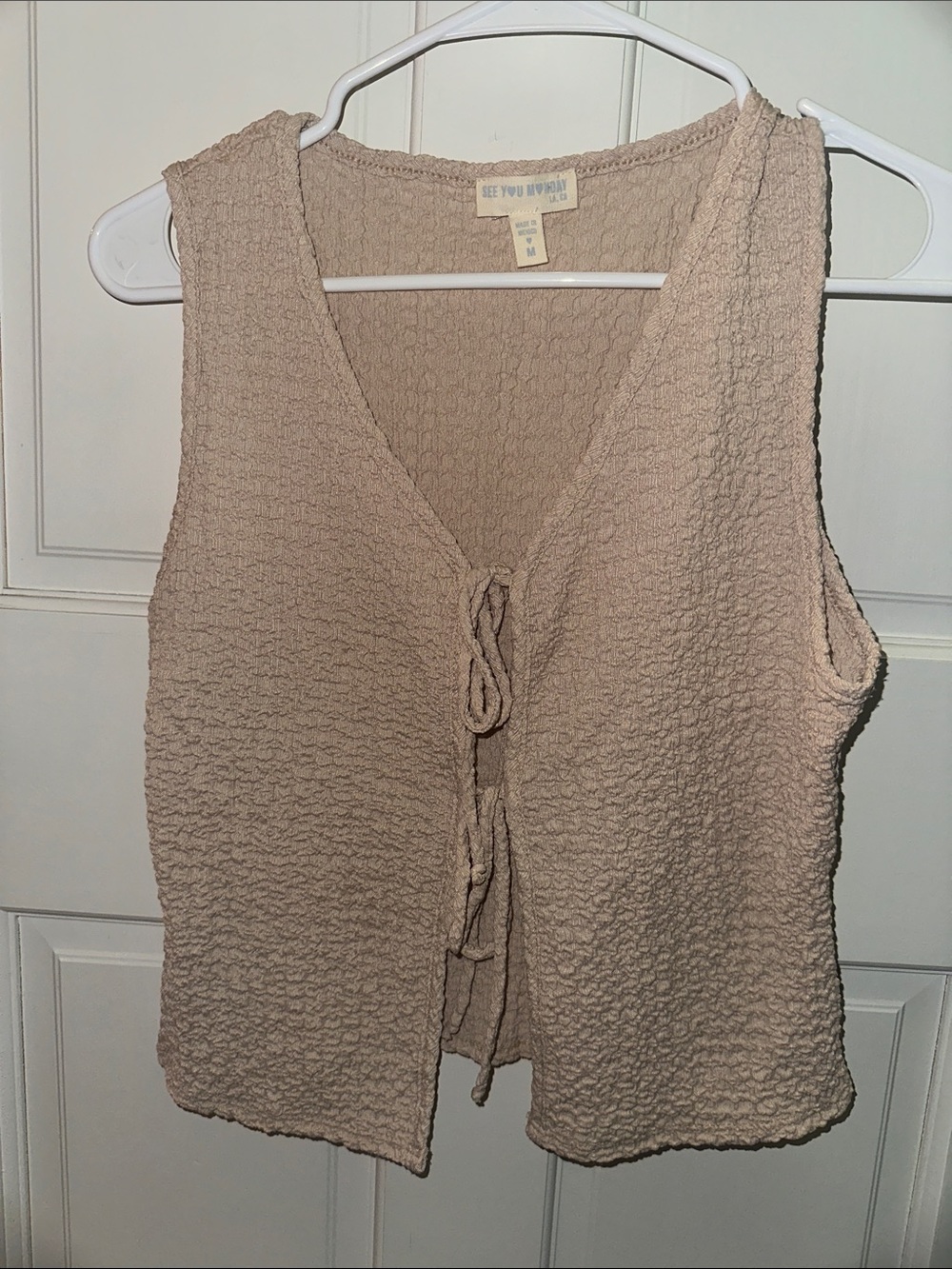 See You Monday Cream Textured Tie-Front Tank